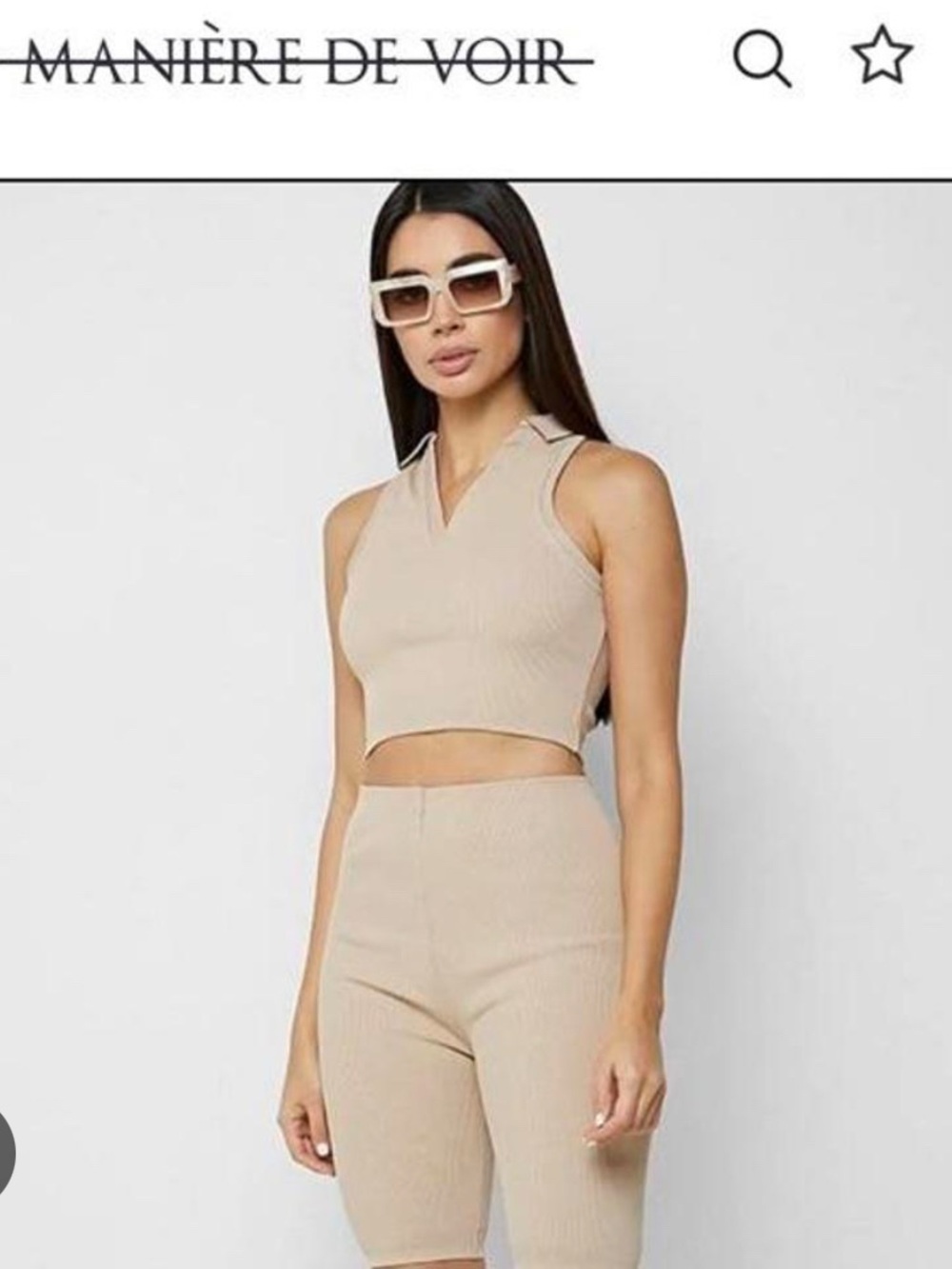 Manière De Voir Neutral Beige Ribbed V-Notch Crop Top